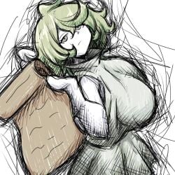 1girl americo_santisteban character_request closed_mouth colored_skin funamusea green_shirt green_skirt grey_eyes holding_scroll huge_breasts messy_hair pleated_skirt scroll short_hair simple_background sketch solo turtleneck turtleneck_shirt white_background white_skin