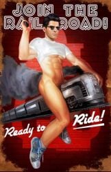 crystal_fae deacon_(fallout) fallout fallout_4 itsprecioustime male_focus male_only pinup pinup_(style) pinup_pose pinup_poster pistol recruitment_poster riding riding_train shirt shirt_above_breasts shirt_above_pecs shirt_lift shirt_up sneakers solo solo_focus solo_male text train