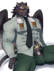 aaassstaro abs anthro black_body black_fur clothing felid flaccid fur gay genitals male mammal necktie pantherine penis penis_base pubes pubic_tattoo solo suit tattoo tezcatlipoca tokyo_afterschool_summoners video_games white_background wings