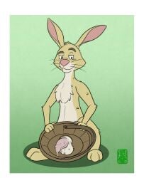 2026 absurd_res anthro balls basket big_nose bodily_fluids border colored container disney dripping eyebrows foreskin full-length_portrait garo_(artist) genital_fluids genitals gradient_background half-erect hi_res holding_object humanoid_genitalia lagomorph leporid long_ears looking_at_viewer male mammal penis portrait precum precum_drip rabbit rabbit_(winnie_the_pooh) raised_eyebrow signature simple_background solo standing unretracted_foreskin whiskers white_border winnie_the_pooh_(franchise)