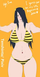 1girls abs armpits arms_out ass_visible_through_thighs bare_arms bare_shoulders belly belly_button belly_piercing big_breasts bikini bikini_bottom bikini_top black_eyes black_hair blush boruto:_naruto_next_generations breasts busty cleavage clothed clothing curvaceous curvy curvy_figure cute devil_horns dialogue english_text fake_horns fangs female female_only gender_transformation genderswap_(mtf) hair_over_one_eye horns hourglass_figure jewelry large_breasts long_hair looking_at_viewer male_pov mature mature_female milf naruto naruto:_the_last naruto_(series) naruto_shippuden navel navel_piercing open_mouth pale-skinned_female pale_skin panties pierced_belly_button piercing piercings pose posing pov rule_63 ruler sasuke_uchiha sasuko sideboob simple_background solo standing striped_bikini striped_panties swimsuit tenshin-ta text thick_thighs thighs thong voluptuous wide_hips yellow_bikini yellow_panties yellow_thong