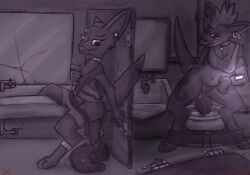 2023 4_fingers anthro bathroom blush bone bones_in_feces bra breasts broken_mirror clothed clothing disposal duo ear_piercing eyebrows feces female fingers fur hi_res inside kangaroo macropod mammal marsupial mirror partially_clothed piercing pooping pooping_on_floor red_text scottglass sibling_(lore) sink sister_(lore) sisters_(lore) skull tail text toilet underwear year