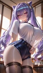 ai_generated genshin_impact hoyoverse keqing_(genshin_impact) large_breasts lavender_hair minishorts see-through_clothing slombert thighs white_shirt