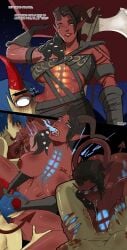 2girls armor baldur's_gate_3 bite_mark blue_hair chopshoppar claws comic cunnilingus dark_hair dialogue drooling forced_oral glowing_body glowing_eyes horn_grab karlach muscular_female original_character pointy_ears red_body red_skin scars sharp_teeth shaved_pussy tail tattoo tiefling