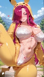 1girl 1girls absurd_res absurdres ai_generated ass big_ass big_breasts blue_eyes blue_sky blurry blurry_background blush bow bow_panties bra breasts cameltoe cleavage closed_mouth cloud collarbone cosplay day earrings eyes_visible_through_hair female female_focus hair_over_one_eye heart hi_res high_quality high_resolution highleg highleg_panties highres hood jessie_(pokemon) jewelry lace_trim large_ass large_breasts leg_lift leg_up long_hair long_sleeves looking_at_viewer looking_to_the_side navel nekromant open_clothes outdoors panties pokemon pokemon_sm pokemon_ss pokemon_xy purple_hair red_hair sky smile solo solo_focus spread_legs standing standing_on_one_leg stomach straight sweat thick_thighs thighs tree underwear white_bra white_panties wide_hips
