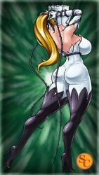 1girl big_ass big_breasts blonde_hair digimon digimon_(species) rosemon_burst_mode sideboob solo solo_female whip