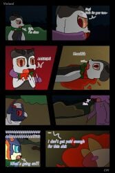 2:3 absol absurd_res anthro artist_name badge biped blood bodily_fluids cloth comic dialogue digital_drawing_(artwork) digital_media_(artwork) eeveelution english_text espeon fantasy female forced freckled_face freckles generation_2_pokemon generation_3_pokemon generation_6_pokemon gore group hi_res male nintendo pokemon pokemon_(species) pokemon_mystery_dungeon profanity quilava rape semi-anthro sex shaded simple_shading skiddo speech_bubble spike_chunsoft story text vinland visionary_(vinland)