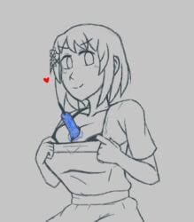 1girl alternate_costume azugarosu between_breasts bra breasts breasts_squeezed_together cleavage closed_mouth collarbone flower food food_play greyscale hair_flower hair_ornament heart k-on! large_breasts looking_at_viewer monochrome popsicle shirt short_hair short_sleeves sketch skirt smile smug solo spot_color suggestive underwear yui_hirasawa_(k-on!)