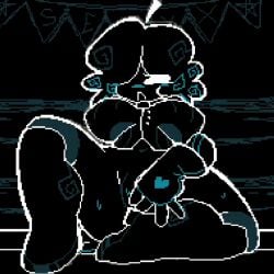 dark_skin exposed_pussy female_masturbation gloved_fingering gloves half_naked heart_symbol love_maniac masturbation on_table pixel_art pixelated pleasure_face pussy undertale