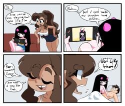 1boy 2girls breasts cleavage comic coolerinker dan_(inker_comics) gaming horns humor inker_comics inkershike monica_(inker_comics) pink_skin playing_videogame sex tomodachi_life:_living_the_dream
