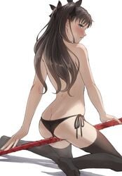 1girls ass bangs black_hair black_legwear black_panties black_ribbon blue_eyes blush brown_hair butt_crack fate/stay_night fate_(series) female female_ass female_only from_behind gae_bolg hair_ribbon highres kneeling long_hair looking_at_viewer looking_back mondi_hl no_shoes open_mouth panties ribbon side-tie_panties solo solo_female thighhighs tohsaka_rin topless two_side_up underwear weapon white_background