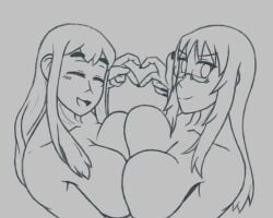 2girls azugarosu bare_shoulders breast_press breasts closed_eyes closed_mouth collarbone completely_nude glasses greyscale heart heart_hands huge_breasts k-on! long_hair looking_at_viewer monochrome multiple_girls nude open_mouth sketch smile symmetrical_docking thick_eyebrows tsumugi_kotobuki_(k-on!) yamanaka_sawako