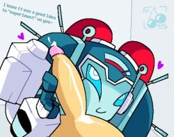 1boy1girl bit-fruity blue_body cum cum_on_body cum_on_penis hearts light-skinned_male lustful_gaze nickel_(transformers) penis_on_cheek penis_on_face robot robot_girl touching_penis transformers transformers_idw watermark