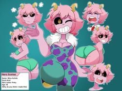 ass blush bodysuit crying hero_outfit_(mha) jennlumm mina_ashido my_hero_academia pantyshot pink_hair pink_skin samurairen smiling sweating