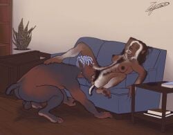 all_fours anthro balls bodily_fluids breast_growth breasts canid canine claws cunnilingus dark_body dark_skin detailed_background dreadlocks drooling duo ear_piercing erect_nipples fangs feet female foot_on_back fur fur_growth furniture genitals grabbing growth hairy_vulva hi_res living_room looking_pleasured male male/female mammal mid_transformation mythological_canine mythological_creature mythology nipples on_sofa one_eye_closed open_mouth oral piercing pubes saliva scratches sex signature sitting sitting_on_sofa sofa tail teats teeth toe_claws transformation transformation_through_sex vaginal vulva werecanid werecanine werecreature werewolf zestycuke
