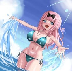 1girls beach big_breasts bikini blue_eyes blush breasts busty cameltoe cleavage female female_only fujiwara_chika hair_ribbon happy highres kaguya-sama_wa_kokurasetai_~tensai-tachi_no_renai_zunousen~ large_breasts legs long_hair looking_at_viewer navel ocean open_mouth outstretched_arms pink_hair ribbon sideboob smile solo splashing thick_thighs thighs toned tongue voluptuous water wet