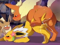 4:3 absurd_res anus balls black_inner_ear blush bodily_fluids cuckold cum cum_in_vagina cum_inside eevee eeveelution female female_penetrated feral feral_on_feral feral_penetrated feral_penetrating feral_penetrating_feral flareon from_behind_position fur generation_1_pokemon genital_fluids genitals group heart_symbol hi_res jolteon male male/female male_penetrating male_penetrating_female nintendo open_mouth orange_body orange_ears orange_fur penetration penis pokemon pokemon_(species) sarox sex sweat sweatdrop tongue tongue_out trio vaginal vaginal_penetration vulva yellow_body yellow_ears yellow_fur