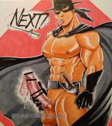 1boy abs after_orgasm artist_name balls bara beefy belt biceps big_areola big_penis breasts cape cape_only censor_bar censored censored_penis club_z collarbone completely_nude condom condom_in_mouth condom_on_penis condom_wrapper cum cum_drip cum_in_condom cum_string domino_mask erection gay genital_outline gloves hand_drawn hat holding_penis huge_cock hunk long_penis looking_at_viewer male male_breasts male_only manly mask masturbation mature_male moobs muscles muscular muscular_arms muscular_legs muscular_male muscular_thighs no_body_hair nude pecs penis penis_bigger_than_head pointless_censoring quadriceps rapier semen shikishi six_pack smile smirk solo standing text thick_penis tough_guy yaoi zorro_(series)