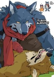 anthro bergamo blue_body blue_fur brother_(lore) brothers_(lore) canid canine canis digital_media_(artwork) dogflops dragon_ball dragon_ball_super duo english_text erection fur genitals glans grin hi_res incest_(lore) lavender_(dragon_ball_super) looking_pleasured male male/male mammal muscular muscular_anthro muscular_male nipples nude on_bottom on_top penis power_bottom scarf sibling_(lore) simple_background sitting sitting_on_another smile text tongue tongue_out white_background wolf yellow_sclera