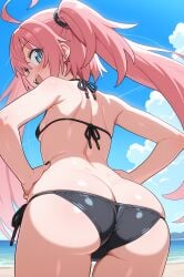 ahoge ai_generated ass ass_focus back bare_shoulders beach bikini black_bikini blue_eyes blue_sky blush breasts closed_mouth clothing cloud day female from_behind hiragayu_ai huge_ass large_ass long_hair looking_at_viewer looking_back milim_nava ocean outdoors pink_bikini pink_hair sand sky smile solo swimsuit tensei_shitara_slime_datta_ken thick_ass thighs thong_bikini tied_hair twintails water