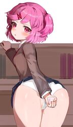 1girls ass before_sex bending_over big_ass big_butt blue_skirt bubble_butt condom condom_in_hand doki_doki_literature_club dokomon female_only from_behind huge_ass huge_butt looking_at_viewer looking_back natsuki_(doki_doki_literature_club) panties pigtails pink_eyes pink_hair pov school_uniform schoolgirl shiny_skin short_hair sideboob skirt skirt_lift small_breasts underwear upskirt white_panties