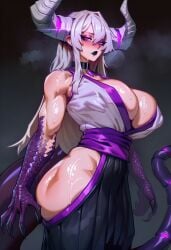 1girl 2026 2d absurd_res absurd_resolution absurdres ai_generated ass bare_shoulders black_lips black_sclera blush breasts choker claws cleavage colored_sclera dragon_girl dragon_horns dragon_tail grey_hair hair_between_eyes hi_res high_quality high_resolution highres hip_vent horns huge_breasts image japanese_clothes long_hair looking_at_viewer maddogai monster_girl oc open_mouth original original_character purple_eyes purple_horns scales shiny_skin solo sweat sweatdrop sweating sweaty sweaty_body tail thick_thighs uncensured wet wet_body white_hair