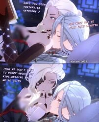 2girls 3d 3d_(artwork) arlecchino_(genshin_impact) black_and_white_hair blonde_hair breasts censored censored_breasts character_mentioned character_name eyepatch female/female fondling_breast genshin_impact gentle_dom grabbing_from_behind hair_over_one_eye hands_on_breasts kissing_shoulder mentioned_character signora_(genshin_impact) sitting_on_person sucking_shoulder talking_to_partner yuri