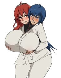 angry angry_face blue_eyes blue_hair clothed conjoined edit eris_greyrat huge_breasts idolmonkeh mushoku_tensei nina_farion ramensama red_eyes red_hair