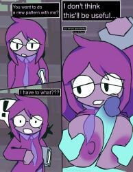 ! 1boy 1girl 3koma black_eyes blue_skin book breasts breasts_squeezed_together colored_nipples colored_skin comic deltarune dialogue_box english_text genderswap genderswap_(otf) genderswap_(otm) glasses hetero holding holding_book kris_(deltarune) large_breasts necktie nipples paizuri penis purple_hair purple_necktie purple_shirt seth_(deltarune) shirt swoiffer2 teeth utdr_(toby_fox) veins veiny_penis