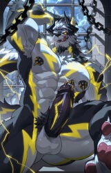 2026 2_horns abs anthro areola ballls barazoku barred_window bars black_areola black_body black_facial_hair black_fur black_horn black_nipples black_sclera canid canine canis chest_markings claws cloud dungeon electricity erection eye_scar facial_hair facial_scar fur genital_markings genital_piercing genitals goatee grey_body grey_fur hair hand_behind_head hi_res horn licking licking_lips lightning lightning_bolt_marking looking_at_viewer male mammal markings multicolored_body multicolored_fur muscular muscular_anthro muscular_male navel nipple_piercing nipple_ring nipples nude open_mouth pecs penis penis_markings penis_piercing piercing prince_albert_piercing pubes rexwolf_arashi ring_piercing scar solo stone_wall storm tail toe_claws tongue tongue_out underpaw vein veiny_muscles veiny_penis wall_(structure) white_hair window wolf yellow_body yellow_eyes yellow_fur