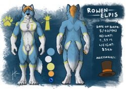 2018 animal_genitalia anthro balls blue_body blue_claws blue_eyes blue_fur canid canine chest_markings claws dated facial_markings finger_claws front_view fully_sheathed fur genitals glistening glistening_eyes gloves_(marking) hair head_markings hufnaar leg_markings looking_at_viewer male male_anthro mammal markings messy_hair model_sheet mouth_closed nude orange_hair orange_pawpads pawpads rear_view rowen_elpis sheath short_hair signature socks_(marking) solo standing toe_claws white_balls white_body white_fur white_markings white_sheath yellow_markings