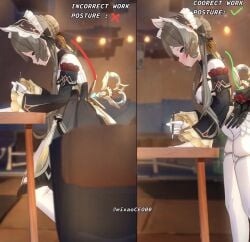 2girls 3d 3d_(artwork) arlecchino_(genshin_impact) bending_over bent_over_table blushing brown_hair correct_gaming_posture_(meme) female/female genshin_impact hair_bun hands_on_hips lesbian lesbian_sex offscreen_character offscreen_female penetration_from_behind sandrone_(genshin_impact) yuri