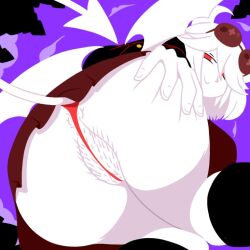 1girl americo_santisteban anus ass ass_focus black_boots black_suit boots buttons character_request closed_mouth colored_skin demon_girl demon_horns demon_tail demon_wings female_pubic_hair from_behind funamusea goggles_on_head hand_on_ass horns huge_ass pubic_hair purple_background pussy red_hair red_panties red_skirt short_hair smile solo sunglasses sunglasses_on_head tail thighs white_hair white_skin wings