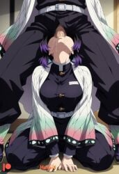 1boy 1girl ai_generated animal_print artist_name belt belt_buckle black_hair black_jacket black_pants breasts buckle bug bulge butterfly butterfly_hair_ornament butterfly_print cunnilingus demon_slayer demon_slayer_uniform fellatio food gradient_hair hair_ornament haori hetero hexogen holding_food implied_fellatio jacket japanese_clothes kimetsu_no_yaiba kneeling kochou_shinobu large_breasts long_hair long_sleeves medium_breasts multicolored_hair open_clothes oral pants parted_bangs penis_on_face pink_hair purple_hair saliva seiza sitting solo_focus sweat two-tone_hair uniform white_belt wide_sleeves