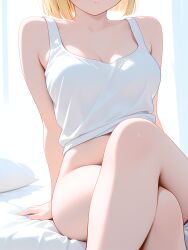 1girl absurd_res absurdres ai-created ai-generated ai_art ai_generated android_18 artist_name athletic_female bare_arms bare_shoulders blonde_hair bob_cut boobs bottomless breasts bust chest cleavage closed_mouth collarbone crossed_legs dragon_ball dragon_ball_super dragon_ball_z female fit_female gumtoof head_out_of_frame hi_res high_quality high_resolution large_breasts medium_breasts morning on_bed patreon patreon_username pillow questionable shirt short_hair sitting sleeveless solo solo_focus stable_diffusion tagme tank_top thighs tits uncensored white_shirt white_tank_top