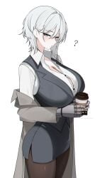 1girl blue_eyes boob_window cleavage cleavage_window clothed clothes_falling_off coffee confused confused_look faust_(limbus_company) female female_focus female_only formal formal_clothes formal_wear fully_clothed hair_behind_ear holding_coffee_cup holding_object large_breasts limbus_company looking_at_viewer m_ayonessa project_moon question_mark short_hair stockings white_hair