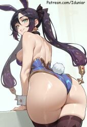 1girl ai_generated animal_ears ass bangs bare_shoulders black_hair black_thighhighs blue_leotard breasts choker earrings fake_animal_ears fake_tail from_behind genshin_impact green_eyes hoyoverse iduniar jewelry leotard long_hair looking_at_viewer looking_back medium_breasts mihoyo mona_(genshin_impact) parted_lips playboy_bunny purple_hair rabbit_ears rabbit_tail skindentation smile solo tail thighhighs thighs twintails wrist_cuffs