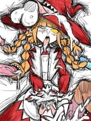 1girl 6boys americo_santisteban apron blush braid braids character_request colored_skin cum disembodied_penis extra_mouth funamusea gangbang hair_mouth hand_mouth open_mouth orange_hair penis pointy_ears quad_braids red_hat red_nails sharp_teeth simple_background sketch testicles tongue tongue_out veiny_testicles white_apron white_background white_skin witch witch_hat yellow_sclera