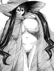 1girl americo_santisteban areolae bare_shoulders buttons character_request coat funamusea greyscale hag huge_breasts long_hair mature_female monochrome navel nipples old_hag open_coat open_mouth pussy sketch solo very_long_hair witch witch_hat