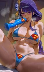 1female 1girl 1girls ai_assisted ai_generated bikini bikini_top blue_bikini crossover crossover_cosplay dc dc_comics dildo eyes genshin_impact hair hair_ornament holding_dildo holding_object licking_dildo long_hair looking_at_viewer purple_eyes purple_hair raiden_shogun solo solo_female solo_focus superman_(cosplay) superman_logo themed_dildo themed_sex_toy