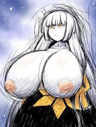 1girl americo_santisteban areolae black_skirt blunt_bangs breasts breasts_out character_request closed_mouth collarbone colored_eyelashes expressionless from_below funamusea gigantic_breasts hime_cut long_hair nipples orange_ribbon sketch sky solo star_(sky) white_eyelashes white_hair white_skin