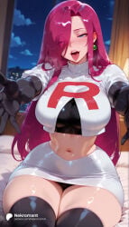 1girl 1girls absurd_res absurdres ai_generated ass bed big_ass big_breasts black_gloves black_panties black_thighhighs blue_eyes blush breasts breath crop_top curvy earrings elbow_gloves eyes_visible_through_hair female female_focus gloves hair_down hair_over_one_eye heavy_breathing hi_res high_quality high_resolution highres indoors jessie_(pokemon) jewelry large_ass large_breasts long_hair looking_at_viewer midriff miniskirt navel nekromant night night_sky on_bed open_mouth panties pencil_skirt pink_hair pokemon pokemon_sm pokemon_ss pokemon_xy purple_hair reaching reaching_towards_viewer red_hair saliva saliva_trail shiny_clothes sitting skirt sky solo solo_focus stomach straight teeth thick_thighs thighhighs thighs tongue underwear white_skirt wide_hips