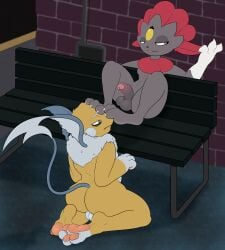 3_toes absurd_res alley anthro anthro_on_anthro backsack balls bench blep budge_(artist) butt claws colored darkened_balls darkened_genitalia darkened_penis digital_media_(artwork) dominant dominant_anthro dominant_male duo erection feet foot_fetish foot_on_face foreskin generation_1_pokemon generation_4_pokemon genitals glans half-closed_eyes hi_res humanoid_genitalia humanoid_penis kneeling male male/male male_anthro narrowed_eyes nintendo nude_anthro nude_male partially_retracted_foreskin pawpads penis pokemon pokemon_(species) raichu sitting soles submissive submissive_anthro submissive_male toe_claws toes tongue tongue_out urethra weavile