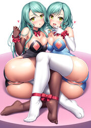 2girls anus bang_dream! blue_hair blush breasts clothing elbow_gloves feet female female_only gloves heart hikawa_hina hikawa_sayo innie_pussy lambda_(kusowarota) leotard multiple_girls nipples no_bra nopan open_mouth pussy stockings thighhighs tied yellow_eyes