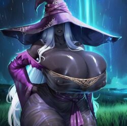 1girl 2026 2d absurd_res absurd_resolution absurdres ai_generated areola_slip bare_shoulders breasts cleavage colored_skin covered_eyes covered_nipples curvy dark-skinned_female dark_skin dress elden_ring elden_ring_nightreign gigantic_breasts grass grey_skin hand_on_own_hip hat hi_res high_quality high_resolution highres huge_breasts hydraulicmatingpress image large_hat long_hair night nipples outdoors purple_dress rain recluse_(nightreign) see-through solo strapless strapless_dress thick_thighs thighs uncensured very_long_hair watermark wet wet_clothes wet_dress white_hair wide_hips witch witch_hat