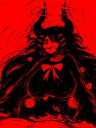 1boy 1girl americo_santisteban bags_under_eyes black_dress breasts character_request collarbone covered_nipples cowgirl_position demon_girl demon_horns extra_eyes from_below funamusea horns horror_(theme) huge_breasts long_hair long_sleeves looking_at_viewer open_mouth red_theme ribbon sex slit_pupils solo thighs very_long_hair