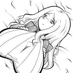 1boy 1girl americo_santisteban bags_under_eyes bed_sheet black_suit blush character_request closed_mouth funamusea greyscale hatching_(texture) jitome long_hair looking_at_viewer monochrome navel paizuri paizuri_under_clothes pov sketch smile suit sweater turtleneck_sweater