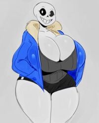 1girls basic_color_edit big_breasts bimbo black_and_white blue_jacket boobs breasts cleavage clothed clothed_female color color_edit colored curvy detnox edit female female_focus female_only fully_clothed gray_shirt hands_in_pockets large_breasts rule_63 sans short_shorts shortshorts skeleton smile solo solo_female solo_focus thick_thighs thighs undertale white_eyes