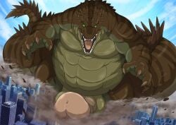 anthro balls biceps big_tail biped building building_destruction carnak_(carpo) city city_destruction cityscape claws crocodile crocodilian destruction detailed_background dust erection finger_claws genitals green_body green_eyes hi_res house humanoid_genitalia humanoid_penis looking_at_viewer macro macro_anthro macro_male male nude open_mouth outside pecs penile penis rampage reptile scalie shikizshigls sky solo tail teeth tongue