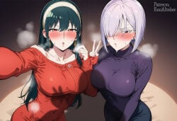 2girls big_breasts cute_expression fiona_frost heavy_breathing lustful_gaze panting spy_x_family yor_briar yor_forger